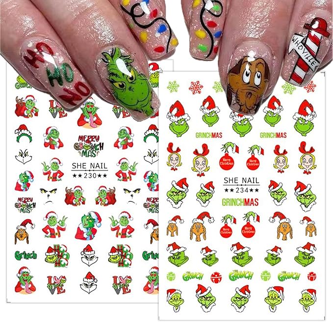 Christmas Nail Art Stickers Funny Cartoon Green Monster Design 3D Self-Adhesive Nail Decals Xmas Tree Santa Claus Acrylic Nail Decor Winter Nail DIY Manicure Accessories for Women