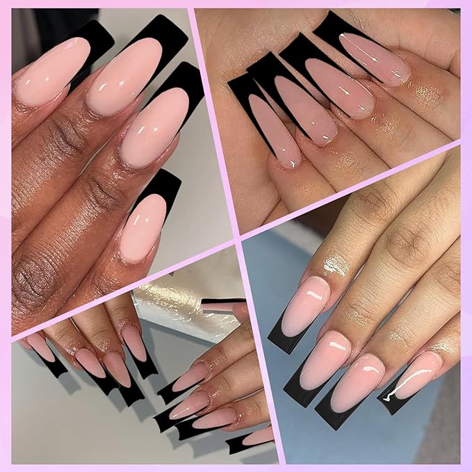 216PC Black French Tip Press on Nails Long Fake Nails Press ons with 10*Adhesive Tabs, Pink Square Acrylic Nails Press on Nails French Tip Nails False Artificial Fingernails Stick on Nails
