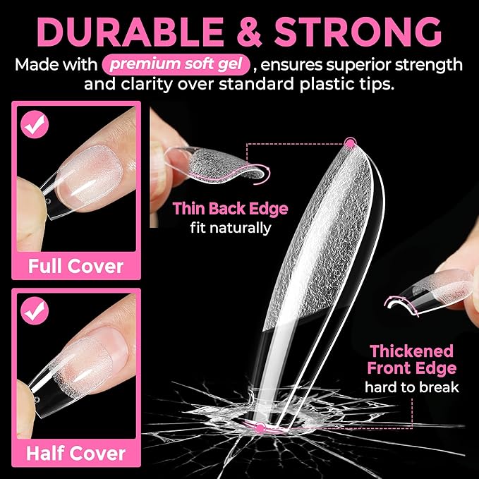 UNA GELLA Short Coffin Nail Tips: 216pcs Short Coffin Press on Nails Pre-Shape Gel Nail Tips for Full Cover Acrylic Nails False Nails for Nail Extension Home DIY Salon 12 Sizes Gelly Tips