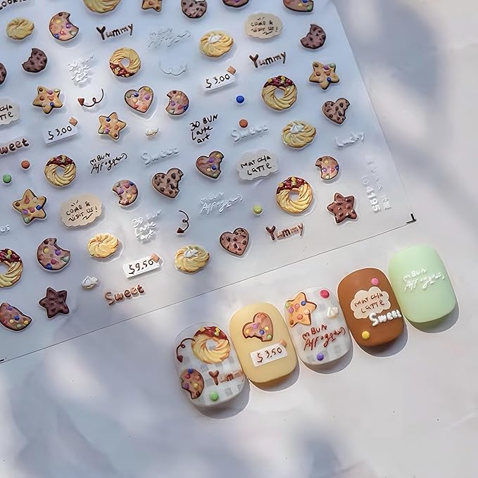 Dedyel Food Nail Art Stickers 3D Cake Dessert Donut Ice Cream Cookies Fruit Bread Self-Adhesive Nail Stickers for Women Girls Kids