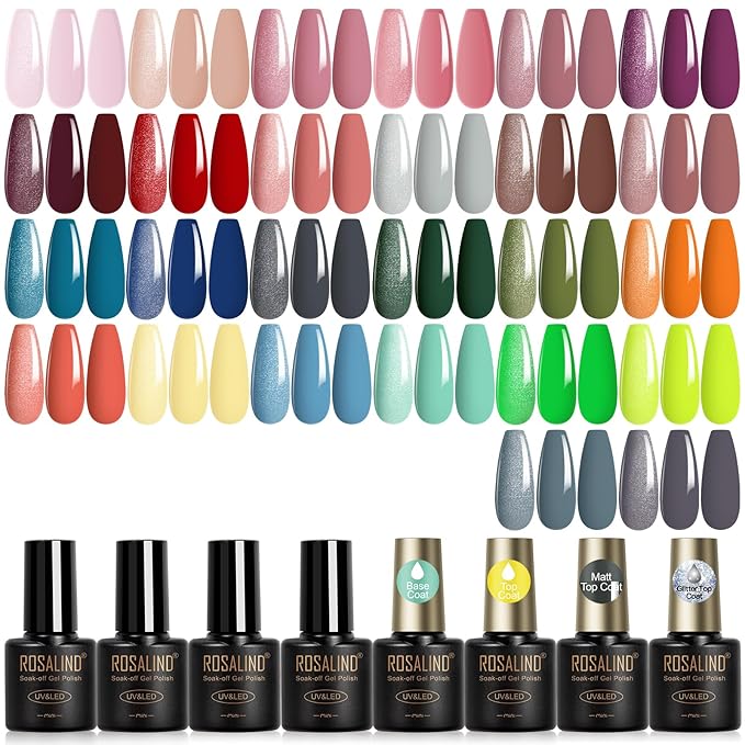 ROSALIND 30PCS Gel Nail Polish Set with Base Glossy Matte and Glitter Top Coat Gel Polish, Green Pink Fall Winter Gel Nail Set Soak Off Gel Polish Set