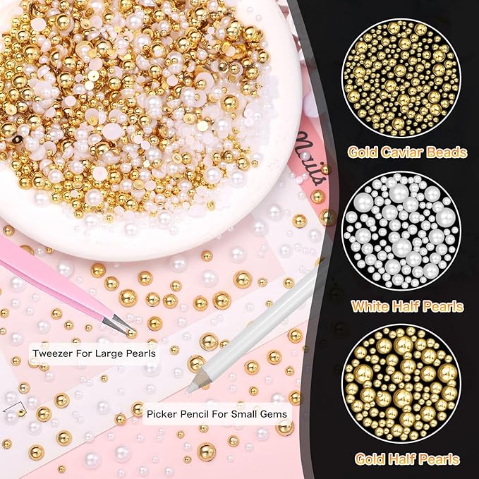 Caviar Beads for Nails, Gold White Pearls Nail Beads Charms, Mix Size Nail Caviar Beads Half Flatback Pearls for Nail, Nail Beads Charms for Nails Design DIY Crafts Accessories