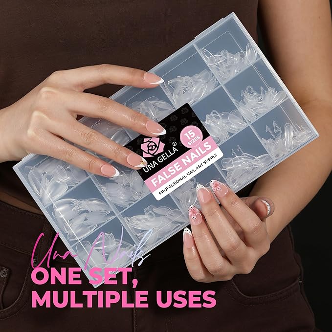 UNA GELLA Short Almond Nail Tips, 510Pcs 15 Sizes Pre-Etched Soft Gel Nail Tips Almond Shape Half Matte Full Cover Clear Fake Nails Extensions for DIY & Salon Manicure Soak Off