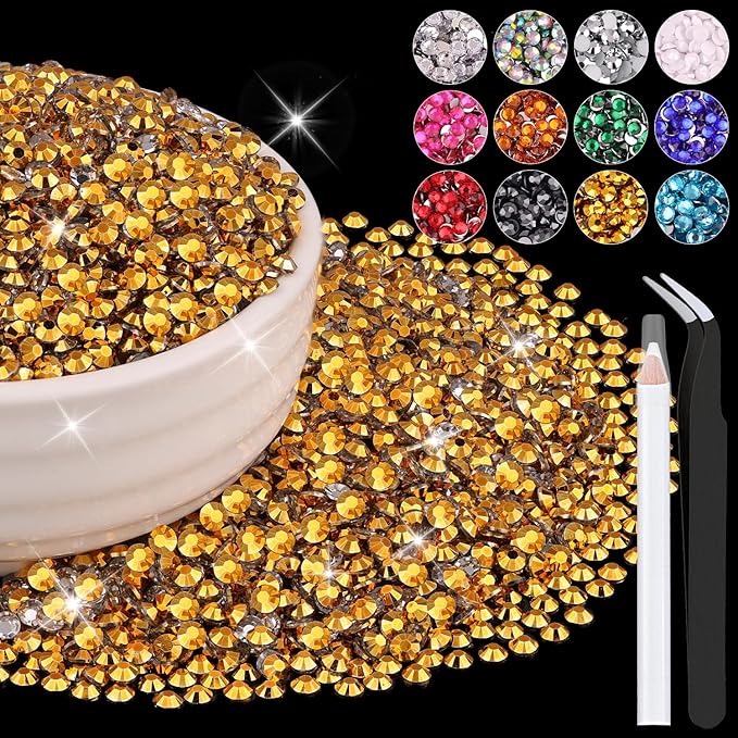 8000PCS 3mm Resin Rhinestones Bulk for Crafting (Copper Gold), Flatback Bedazzling Crystals for Crafts DIY Nail Decoration, Gems Charms for Tumbler Shoes Clothing Fabric with Pickup Pen and Tweezers