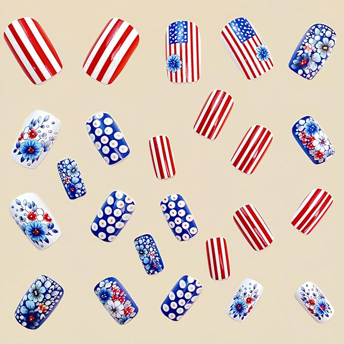 Press on Nails Independence Day Medium Square Fake Nails Blue Flower False Nails for Women Polka Dot Stick on Nails Summer Independence Day Fake Nails Stripe Glue on Nails 24Pcs
