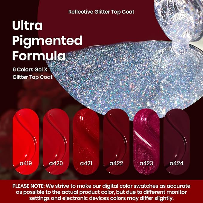 Beetles Red Gel Nail Polish Set with Top Coat, Gel Polish 6 Colors Popular Shimmer Red Burgundy Nail Art Design Soak Off Uv LED Minicure DIY Home Gifts for Women