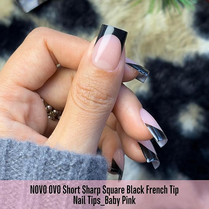 NOVO OVO Short Sharp Square Black French Tip Nail Tips Press on BABY PINK, Extra Thick NEED Nail Glue Builder Gel Top Coat, Soft Gel Full Cover Fake Flase Nail Extension for DIY x 15 Sizes 240 pcs