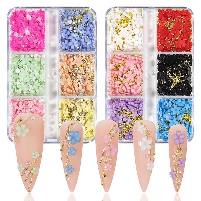 3D Flower Nail Charms for Nails Colorful Flowers Flatback Nail Rhinestones Pink White Black Blue Acrylic Flower with Round Pearls Gold Silver Beads Nail Art Supplies Manicure DIY Nail Decorations