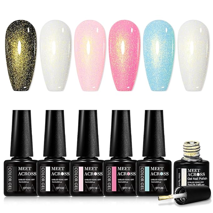 MEET ACROSS 5 Colors Gel Nail Polish with Glitter Gel Top Coat, Shimmery Nail Gel Polish Black White Pink Sky Blue Nail Polish Set Manicure DIY Home Salon 6Pcs*7ml