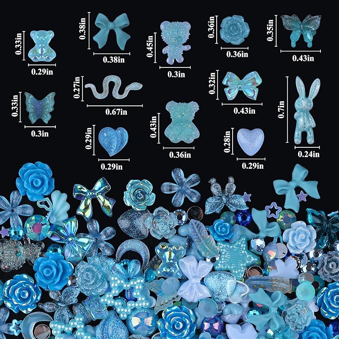 100 Pieces 3D Resin Butterfly Bear Nail Charms Rose Flower Peach Skirt Bow Deer Snake Rabbit Animal Shaped Nail Art Rhinestones Pearls for DIY Nail Art Decoration Making Craft (Blue)