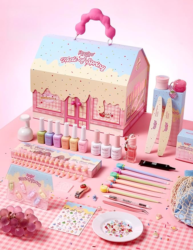 Beetles Taste of Spring Gel Nail Polish Gift Box, 6 Colors Pastel Gel Polish Set with Base Top Coats Mini UV Lamp Press On Nails Tools, Complete DIY Manicure Set for Home Salon