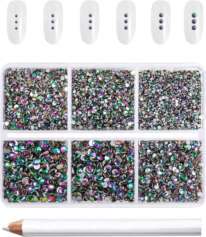 Beadsland 7200pcs Flatback Rhinestones,Green Rhinestone Nail Gems Round Crystal Rhinestones for Crafts,Mixed 6 Sizes with Wax Pencil Kit, SS3-SS10,Green Volcano