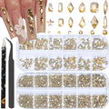 Nail Rhinestones - 3D Multi Shape Size, Flat Back, Manicure Rhinestones Charms, Champagne Gold Gems, with Kit, for Nail Art, Bedazzling Acrylic Nails, DIY Decor