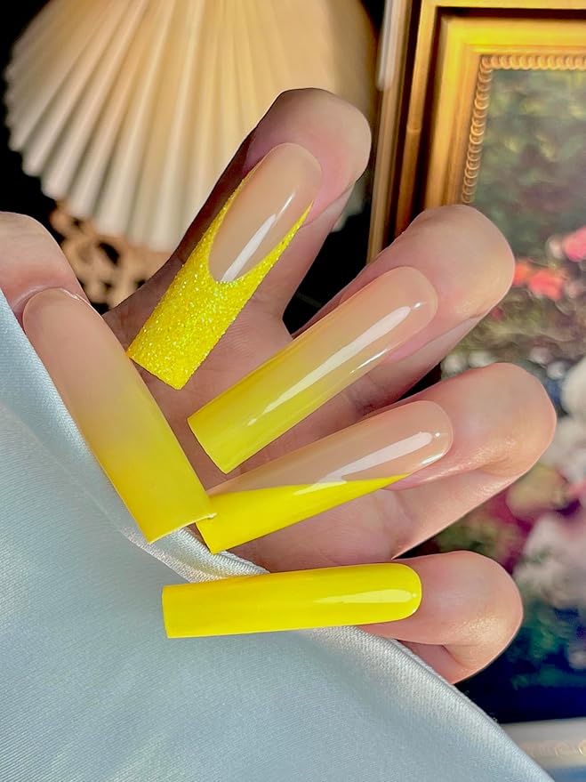 HAND-PAINTED White Press Ons Neon Small Press on Nails Long French Press on Nails Coffin Medium Short Nail art Fake Nail Art Kit with 7g Glue on Nails Handmade Almond Square Nails (Medium, J12)