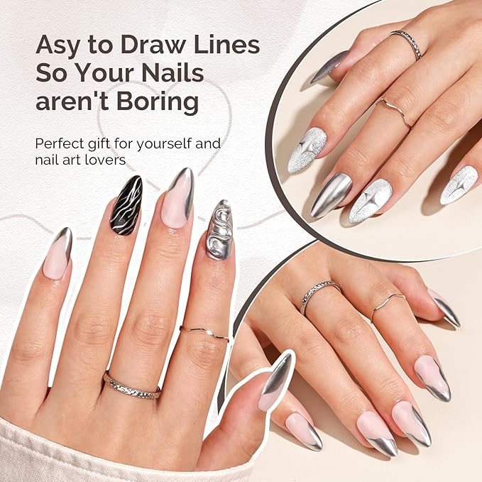 MelodySusie 8ML Silver Gel Liner Nail Art Polish Mirror Chrome 3D Effect,for Line and Patterns of Painting,French Nail Tips,DIY Manicure Pedicure for Home DIY Salon Use