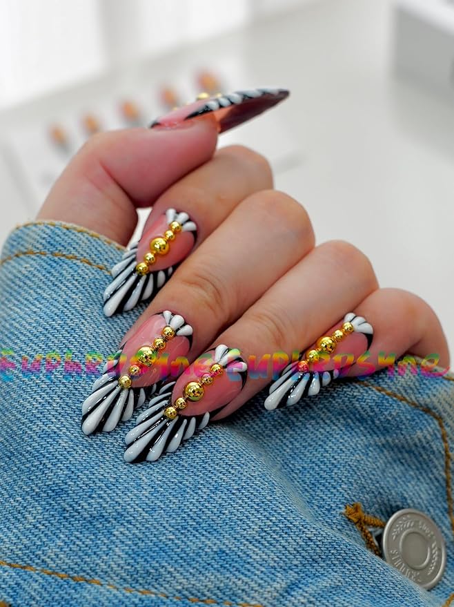 Euphrosyne Press On Nails – 10pcs Red Heart Y2K Fake Nails with Black & White Stripes and Gold Studs | Square Punk Nails for Women, Alt Girl Nail Art