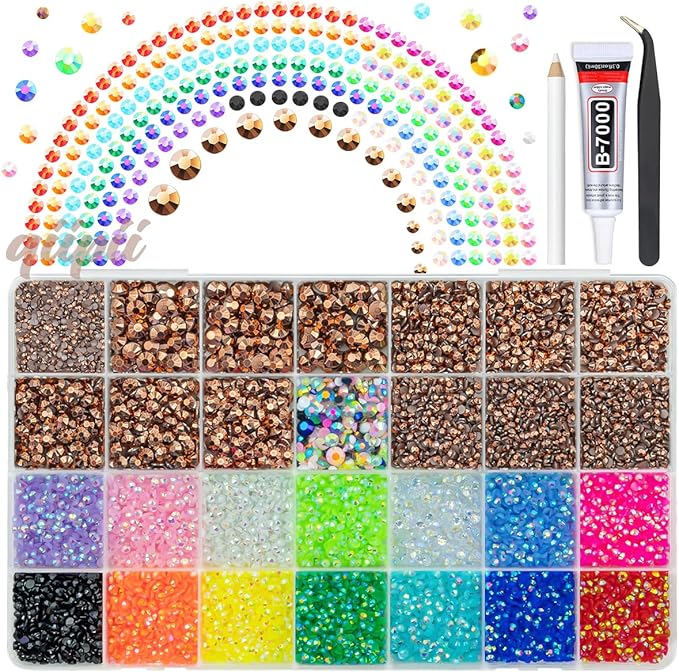 Copper Resin Rhinestones w B7000 Glue for Crafting Bedazzling 2mm-6mm Flatback Brown Colorful Jelly Stones Diamonds Gems Bedazzler Kit for Nails Face Eyes Makeup Tumblers Bottles Crafts Shoes