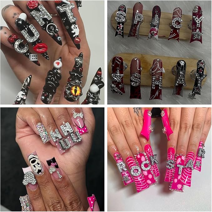 70PCS Nail Charms Alloy Sliver Large Letters Charm Piercing Nail Charms for Nails Design，3D Y2k Nail Jewels Bulk Nail Art Decor Set