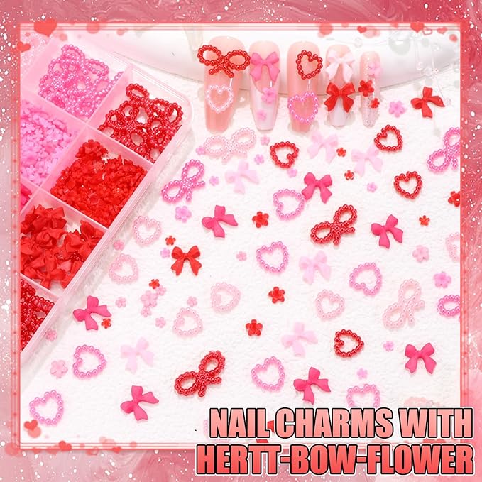 BELICEY Valentines Pink Red Heart Bows Nail Charms 3D Hearts Nail Art Charm Resin Flatback Bow Charms for Nails Cute Kawaii Flower for Women Manicure DIY Nails Art Design Accessories Crafts