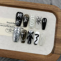 Dark Silver Gothic Press on Nails Long Coffin Shape 3D Embossed Sun Design Fake Nails Hand Painted Art for Women Fall Winter Ins Style(S)