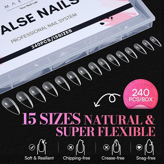 Makartt Medium Stiletto Almond Nail Tips: Clear, 240PCS, 15 Sizes, Half Matte, Fake Nails Stiletto Shapes - Full Cover Soft Acrylic Press On Nail Extensions Supplies Salon and DIY at Home