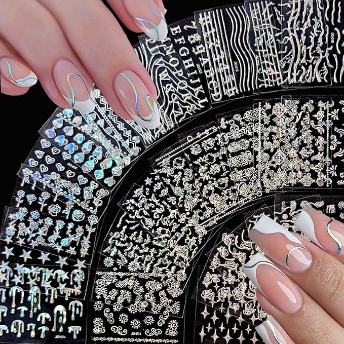 30 Sheets Aurora Nail Art Stickers Decals 3D Self Adhesive Flower Nail Stickers Aurora Star Heart Nail Decals for Nail Art Leaf Floral Nail Design for Women DIY Acrylic Nails Decoration Accessories