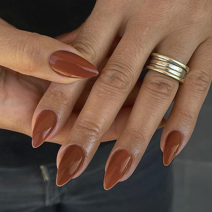 Light Brown Press on Almond Shaped Medium Nails - Neutral Acrylic Reusable Fake Nails for Women - Glue on Medium Length Stiletto False Nails - Soft Gel Artificial