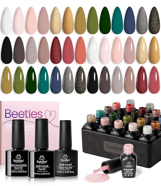 Beetles Gel Nail Polish Kit with Base Top Coat, Neutral Nude Brown Pink Grey Green White Black Glitters Gel Polish Set Soak off UV Led Nail Art Manicure Gift for Women