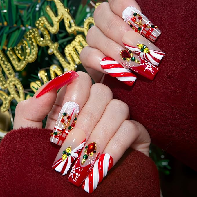 LOVFUL Short French Tip Press on Nails Candy Noel | Handmade Acrylic Press ons| Reusable Fake False Nails | Square Classic Regular 1.3in | H675-M