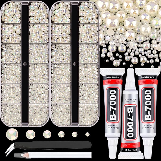 Flatback Pearls for Crafting with 3Pcs 10ml B7000 Jewelry Glue, 2 Boxes of Half Round Beige AB Pearls, Bedazzling Beads for DIY Crafts Clothing Shoes Tumblers Nail Art