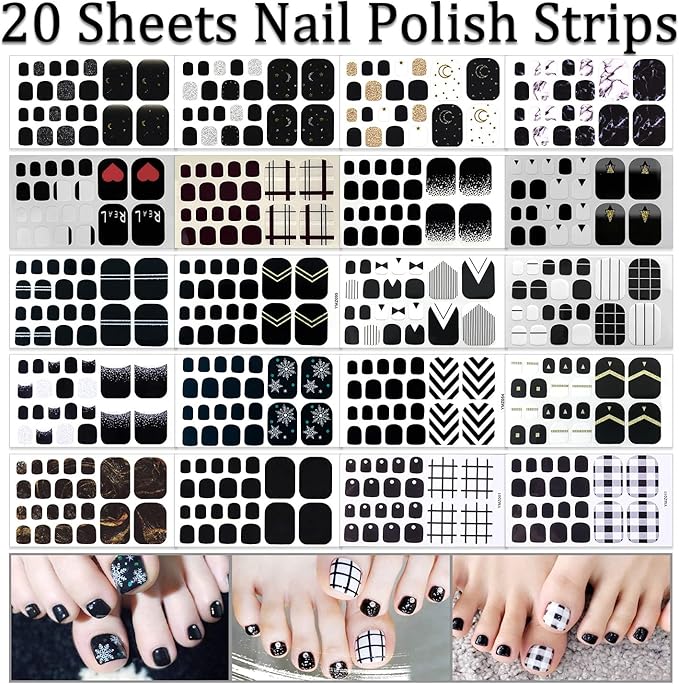 SILPECWEE Toe Polish Strips - Black Full Wraps for Women, Self Adhesive Stickers, Gel Strips for Toenails Decoration With Nail File (20 Sheets)