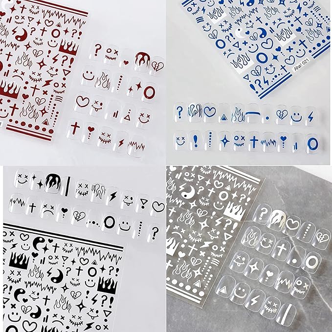 4 Sheets Klein Blue Flame Smile Face Nail Art Sticker Decals ins Minimalist Style Klein Blue Nail Art Sticker Impressionist Lines Star Smile Face for Men and Women Nail Art Decoration (4 Colors)
