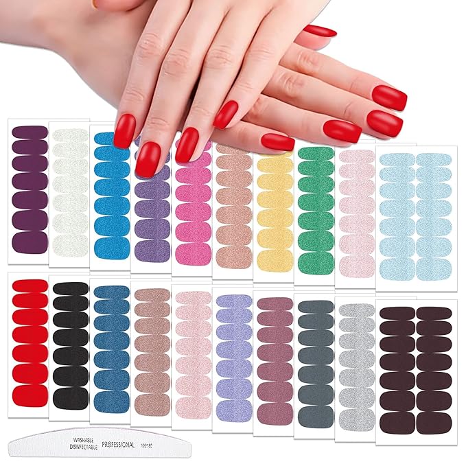 WOKOTO 20 Sheets Glitter Solid Nail Stickers, Full Nail Wraps Sparkly Glitter Powder Design, Gel Nail Strips Mixed Color Nail Polish Stickers Strips for Women & Girls, Easy Application, Salon Quality