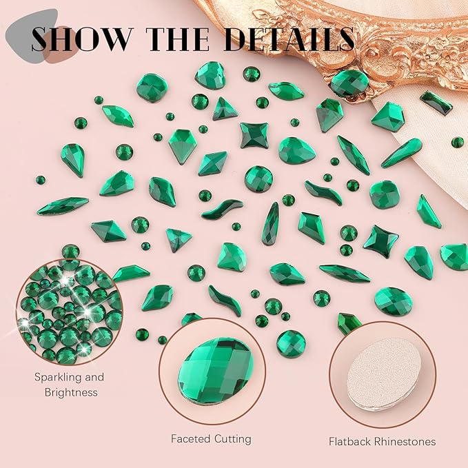 Emerald Green Glass Nail Rhinestones - 1680pcs Multi Shapes Flatback Gems + 1500pcs 1.5-4mm Round Crystal with Rhinestones Glue Gel for Nail Art