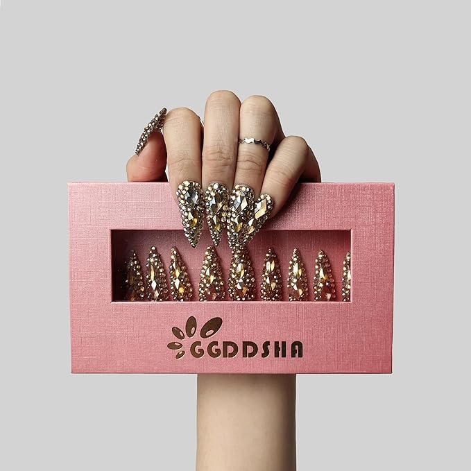 2025 New Full Diamond Medium Almond Press on Nails Reusable PMMA Acrylic Handmade Nails Full Deluxe 3D Crystal Fake Nails w/Box Gift for Women (Gold, Medium)