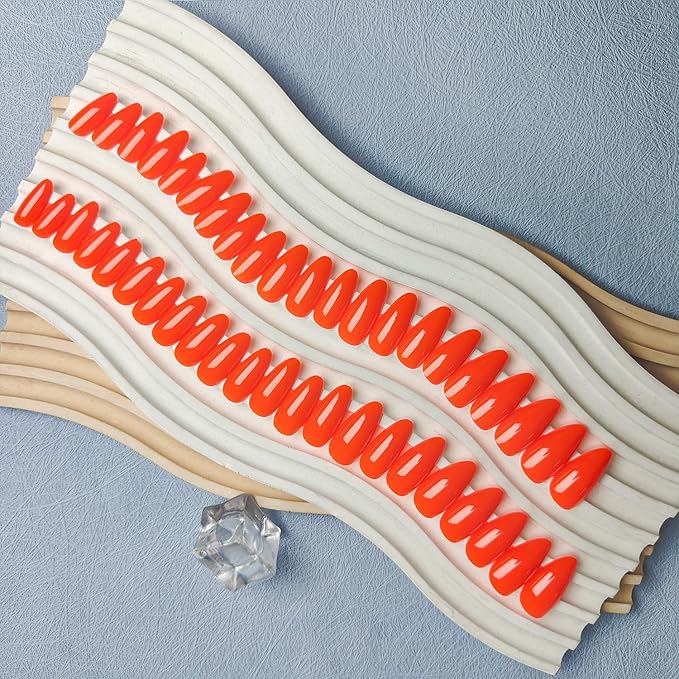 Orange Press on Nails Almond Shaped 48Pcs Neutral Thick Fake Nails for Women, Medium Almond Nails Press on Reusable Acrylic Nails Glue on Medium Length Stiletto False Nails Gel Artificial Nails