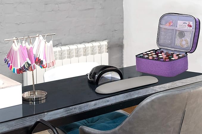 Nail Polish Organizer- Holds 30 Bottles Nail Supply Organizers and Storage Double-layer Nail Bag Organizer Case Nail varnish Organizer Nail Polish Storage Bag with Handle(Purple)