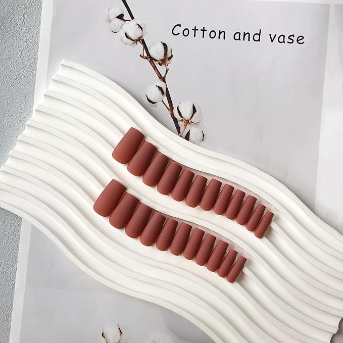 KQueenest Fall Press on Nails Long Medium Square, Matte Caramel Brown Fake Nails Medium Coffin, Opaque Sheer Color Acrylic Nails Press ons, Reusable Soft Gel Glue on Nails for Women DIY Manicure