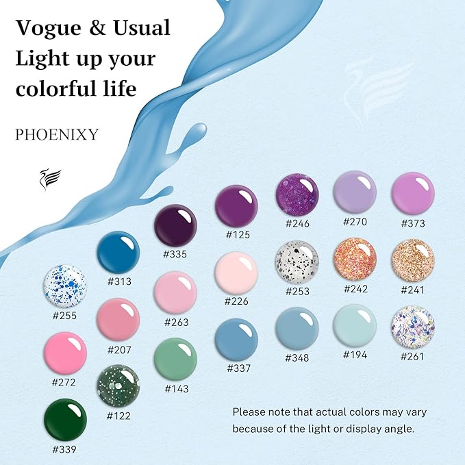 PHOENIXY 24 PCS Gel Nail Polish, Blue Sparkle Colors Gel Polish Set with Base Glossy Matte Top Coat Purple Pink Nail Polish Kit Gifts for Women