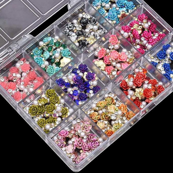 120PCS Y2K Nail Rhinestones Flowers - 3D Flower Nail Charms with Rhinestone, 12 Colors Floral Nail Jewelry Decor Accessories for Nails/Phone/Craft (Gold, Gift Ready)