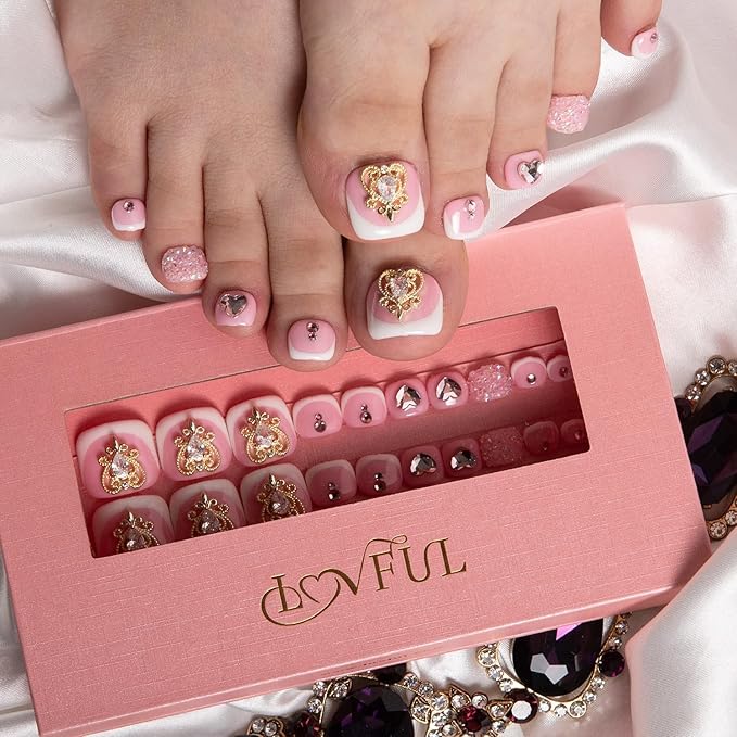 LOVFUL Handmade Acrylic Press on Toenails Sweet Elegance | Salon Quality 20 PCS Free Size Toe Nails | Reusable Fake Nails for Toe | T34