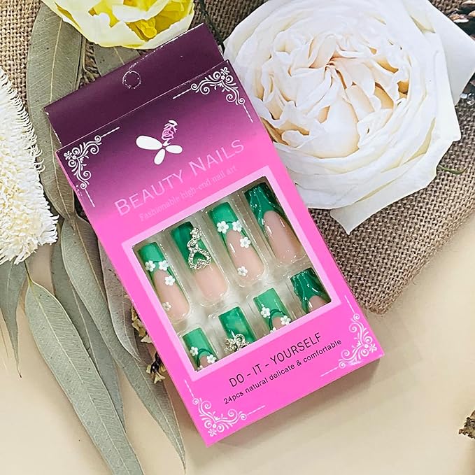 Press on Nails Coffin Long Length Acrylic Glossy Full Cover Square Shaped French False Nails with Designs Artificial Extra Long Fake Nails with Charms Glue ons Fingernails for Women(C142)