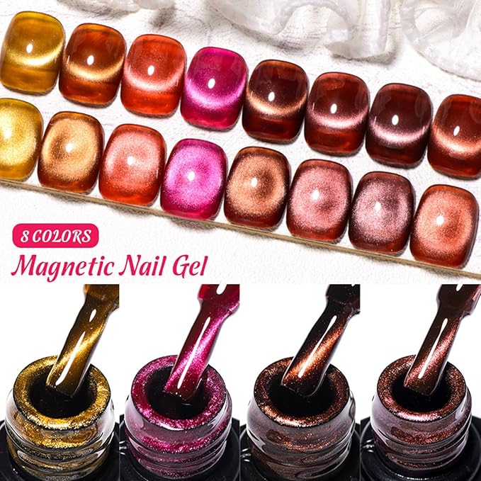 MEET ACROSS Amber Jelly Cat Eye Gel Nail Polish Set of 8 Colors Caramel Crystal Brown Shimmer Translucent Sheer Magnetic Nail Polish Kit with Base Top Coat and Magnet Gel Nail Art Manicure