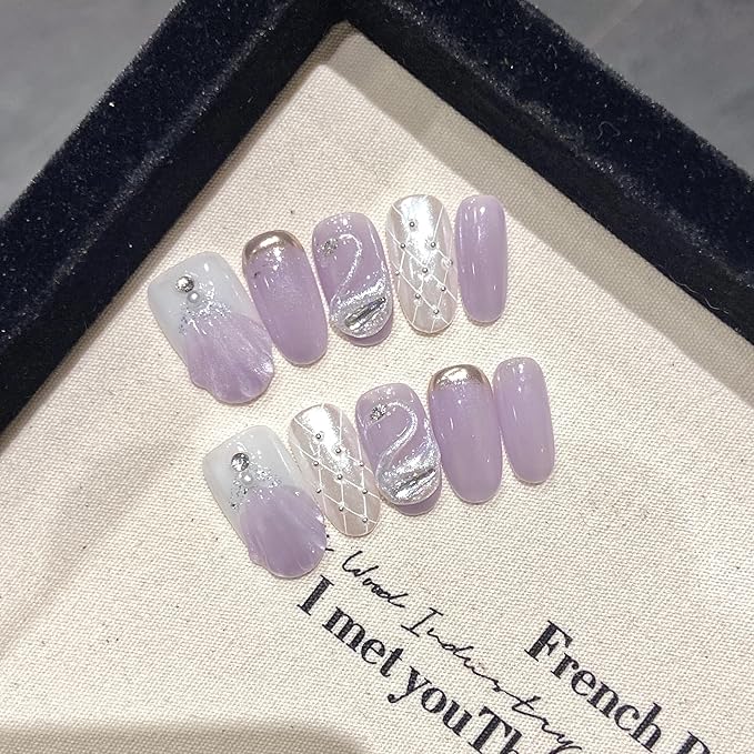 Handmade Press on Nails,Acrylic Fake Nails Kit,Luxury glitter pearl purple white silver rhinestone Design Nail Art Kit,Reusable False nails,Include Toolkit,10pcs,Size S，#1991