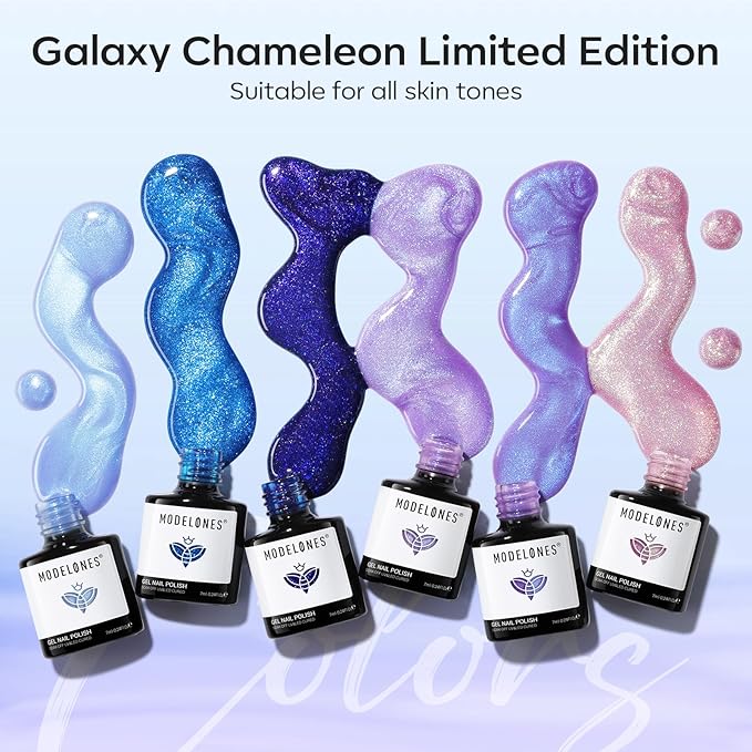 modelones Gel Nail Polish Set 6 Colors Blue Pink Purple Glitter Gel Nail Polish Chameleon White Sparkle Shimmer Reflective Glitter Polish Soak Off LED Nail Art DIY Salon Gifts For Women Girl