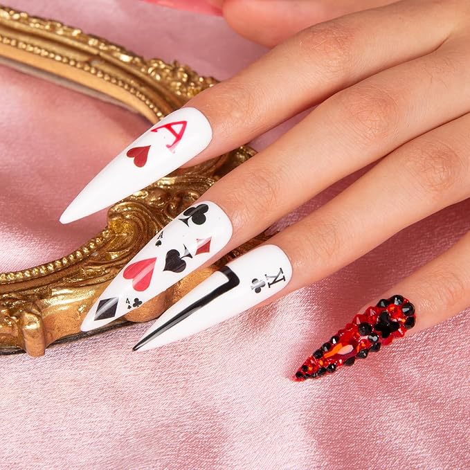 LOVFUL Press on Nails Poker Queen | Handmade with Full Covered Crystals | Reusable Fake Nails | Stiletto Mid Length 1.7 in | H102-L