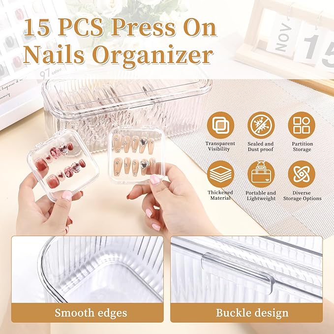 15 Pcs Press On Nail Storage Box Container, Clear Press On Nail Packaging Box with 60 Pcs Adhesive Double Sided Tape, False Nail Organizer Case Nail Display Case for Nail Art Home Salon