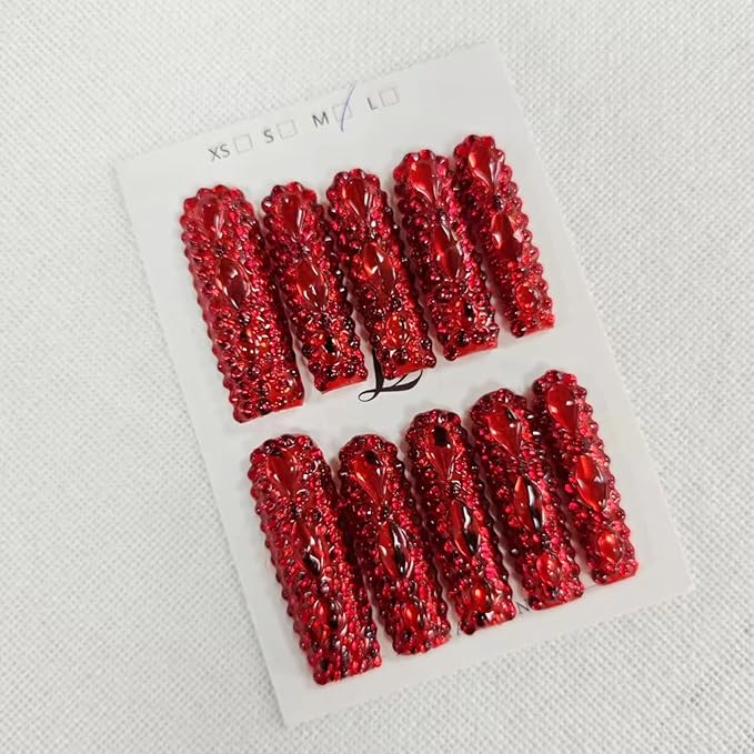 Extra Long Press on Nails Handmade Square Fake Nails Sparkly Red Rhinestones Full Cover False Nails with Designs Luxury Reusable Artificial Stick on Nail for Women Manicure 10Pcs(Size M)