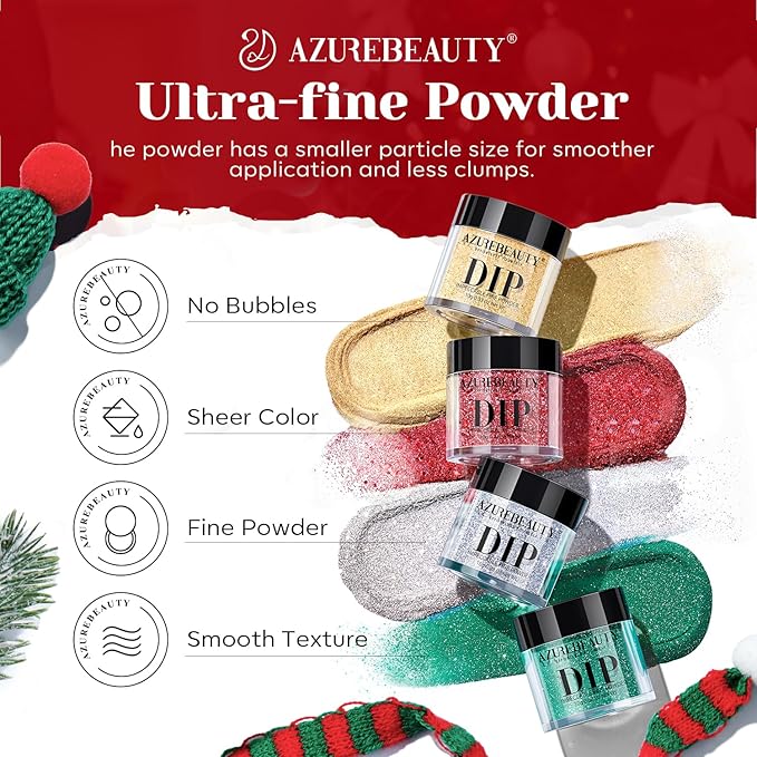 AZUREBEAUTY 30Pcs Dip Powder Nail Kit Starter, 8 Colors Green Red Gold Silver White with Nail Sticks, Nail Art Liquid Set with Matte/Base/Top Coat Activator for French Manicur