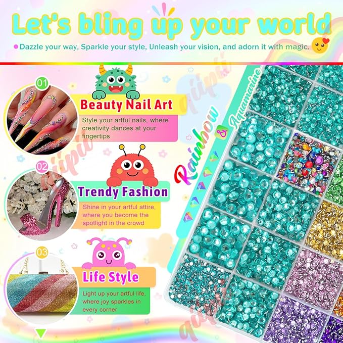 28 Grids Aquamarine Blue 2mm-6mm Resin Rhinestones w B7000 Glue for Bedazzling Crafting Colorful Flatback Stones Diamonds Crystals Gems Bedazzler Kit for Nails Face Eyes Makeup Tumblers Crafts